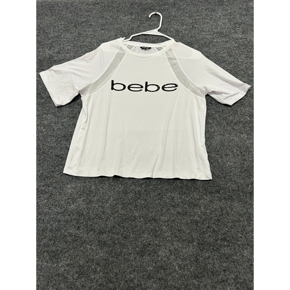 Bebe Sport Top Womens Size M White Mesh Trim Athletic Short Sleeve Logo Shirt